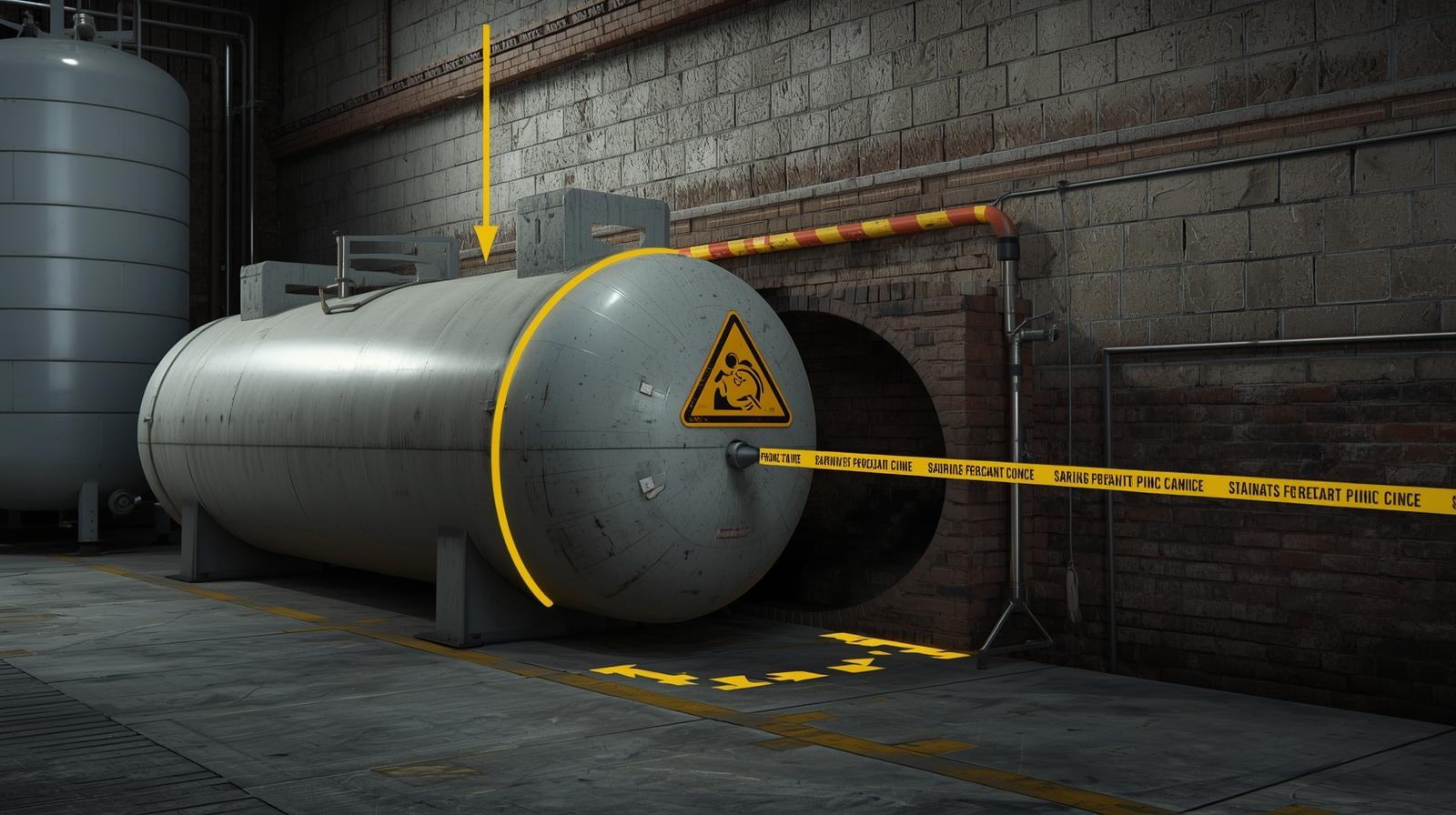 Photo of a propane tank positioned close to a brick wall, illustrating a workplace crush/pinch hazard, used for a WorkSafe case study.