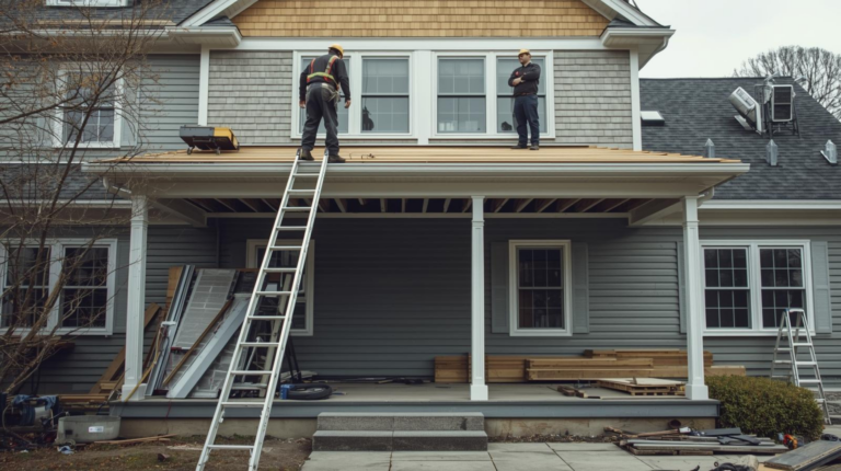 Worker climbing a ladder during a siding and window installation project without fall protection.